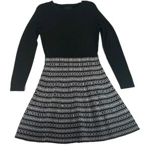 Cynthia Rowley Womens Sz L Black & White Knit Fit & Flare Long Sleeve Dress NWT